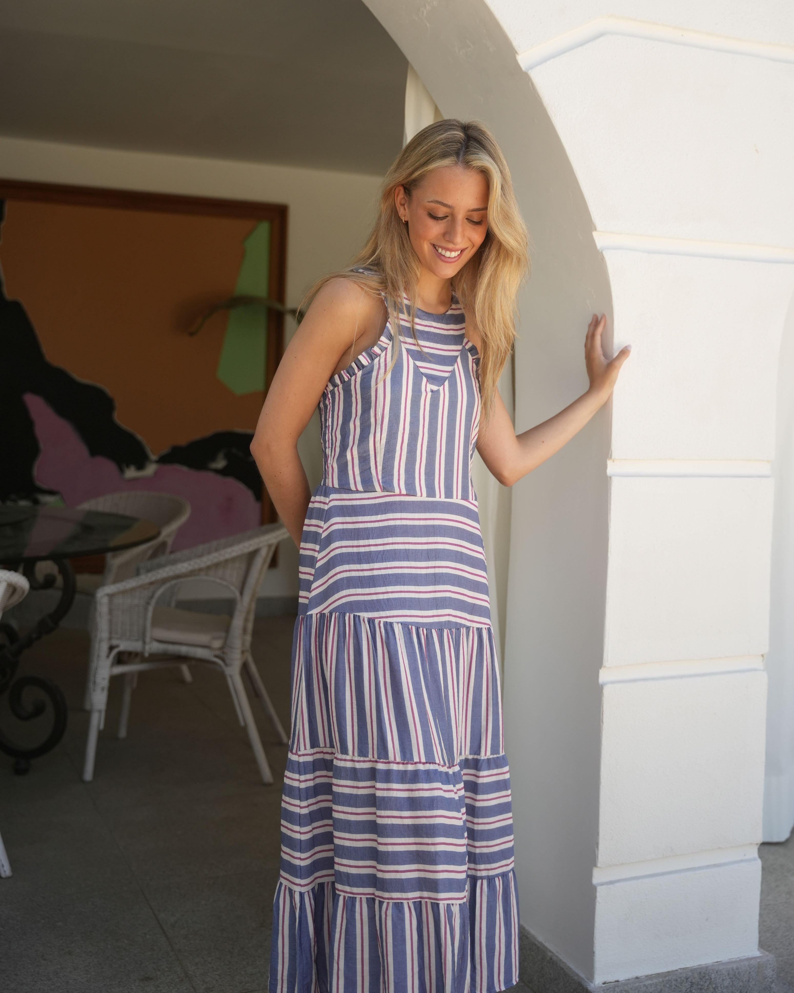 VESTIDO V RAYA AZUL - ONCE28