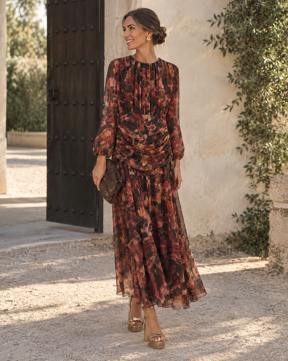 VESTIDO GASA ESTAMPADO MARRÓN