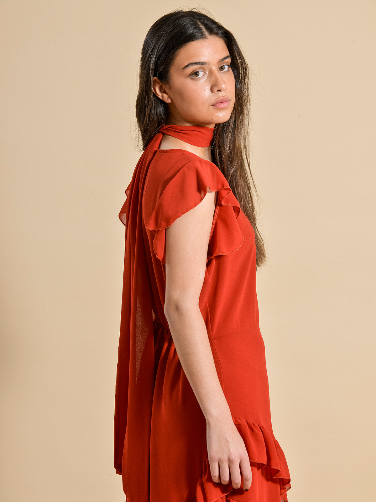 VESTIDO VOLANTES ROJO CORAL